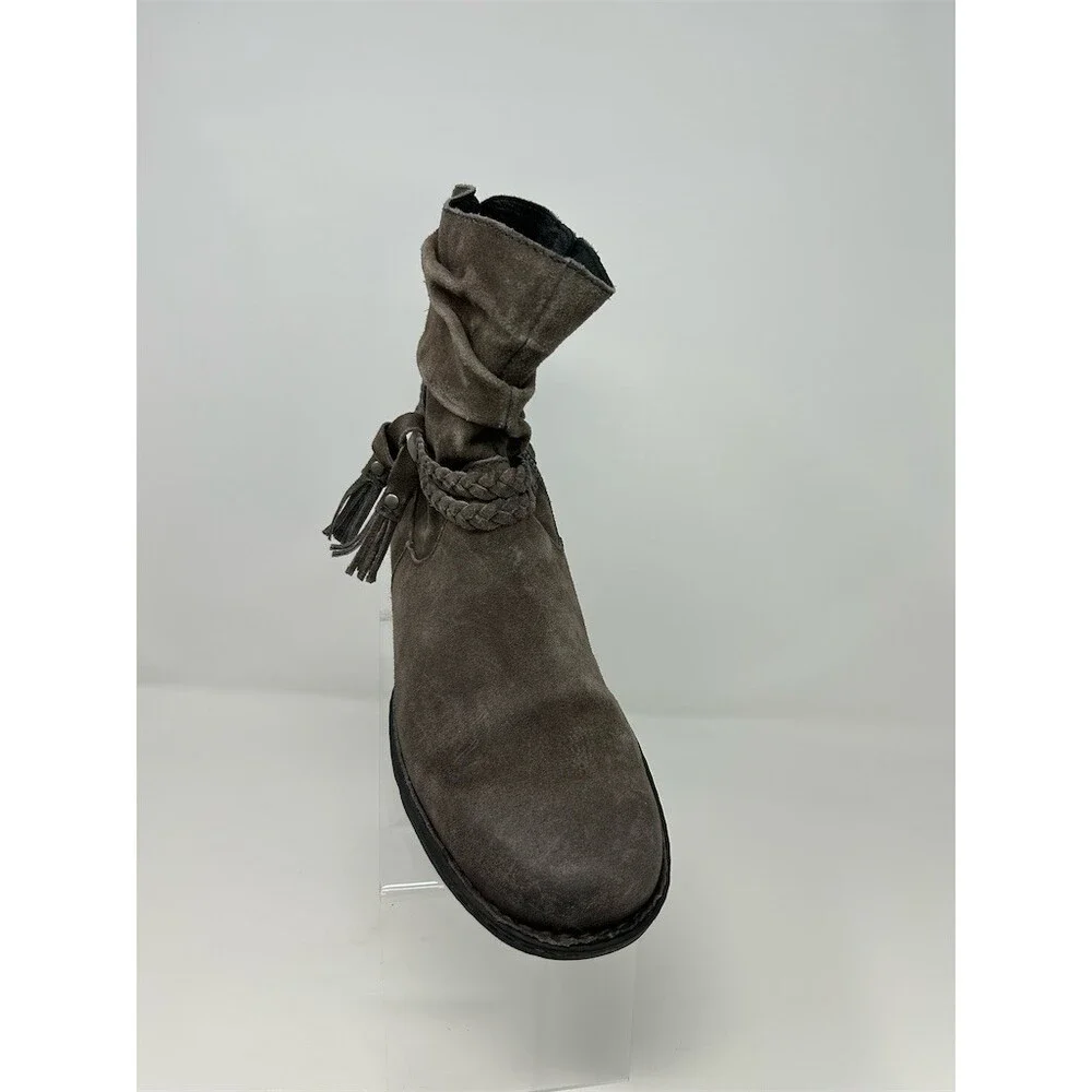 Born Womens Ankle Booties Gray Suede Slouch Braided Tassel Side Zip Size 10